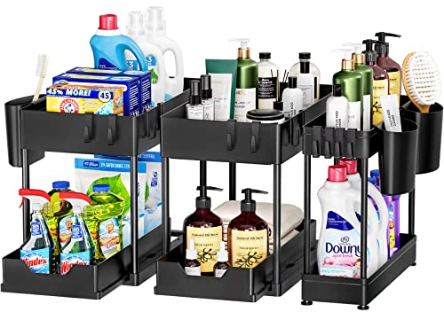 Puricon 3 Stück Ausziehbar Unter Waschbecken Regal, 2 Etagen Standregal Küche Arbeitsplatte Regal Organizer, Mehrfunktional Storage Rack Küchenregal Unterschrankregal Spülschrankregal -Schwarz