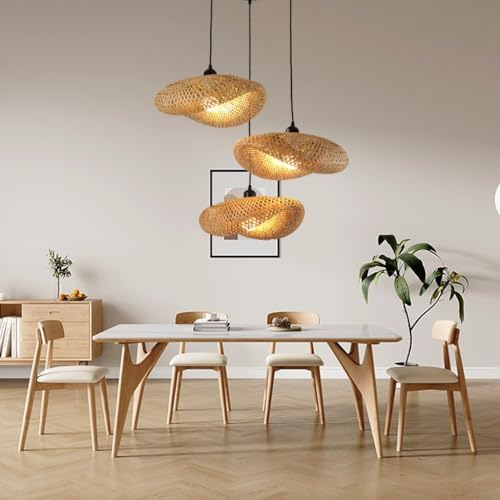 Vintage Rattan Deckenleuchte 3-Flammige Boho Deckenleuchte Mit Rattan Lampenschirm E27 Vintage Deckenlampe Bambus Mit Rattan Lampenschirm Hängelampe Für Esstisch Esszimmer Küche Wohnzimmer, 60cm