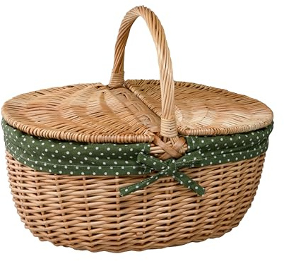 Arthur Cameron Panier de pique-nique ovale en osier naturel avec doublure amovible (vert fougère à pois)