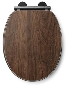 Croydex Soft Close Wooden Toilet Seat - Quick Release Button for Easy Cleaning and Adjustable Hinges with Top and Bottom Fixings Includes, Antibacterial Treated Surface (Walnut with Black Hinges)