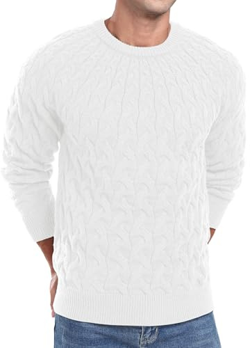 QIXING Maglione da uomo lavorato a maglia a trecce girocollo da uomo UK casual a maniche lunghe maglioni pullover top con bordo a costine, bianco, L