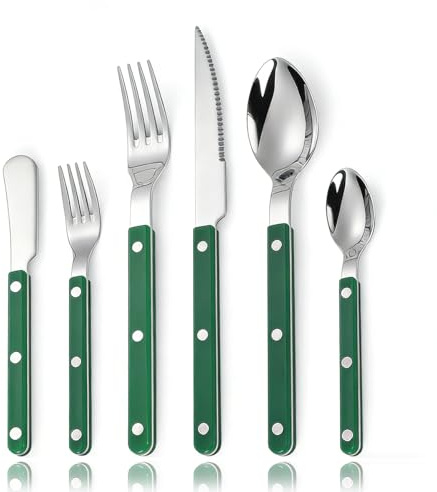 6-Piece Rivet ABS Handle Silverware Set, 304 Stainless Steel Flatware with Steak Knife Fork Spoon Teaspoon Dessert Fork Butter Knife, Elegant Tableware for Home Dining Party