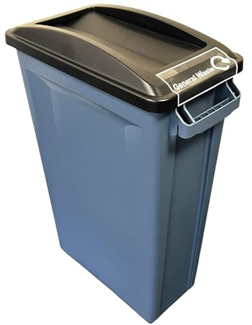 Chabrias Ltd 87L Slim Recycling Bin with Swing Black Lid + General Waste Logo - Commercial Narrow Waste Container for Office, School, Kitchen & Workplace – Vented Liner System, Heavy Duty Plastic