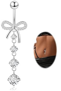 REVOLIA 14G F136 Titanium Dangle Belly Button Ring for Women Dangling Navel Ring Hypoallergenic Belly Ring Externally Threaded Barbell CZ Bow Navel Piercing Silver