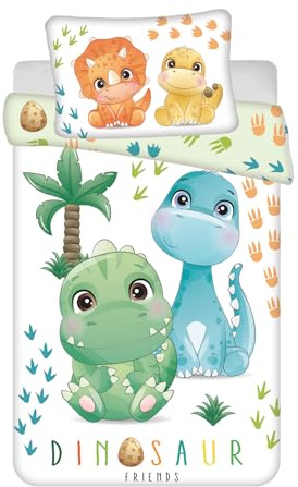 Jerry Fabrics Baby Bettwäsche Dinosaurier Friends Triceratops Brachiosaurus Pterodactylus T-Rex Stegosaurus Bettbezug 100 x 135 cm und Kissenbezug 40 x 60 cm 100% Baumwolle