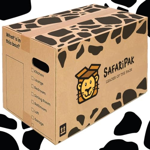 SAFARIPAK - 10 Pack Strong Large 52cm x 30cm x 30cm Reusable Cardboard Storage Packing Moving House Boxes with Carry Handles and Room List Checkboxes - 47 Litres Capacity