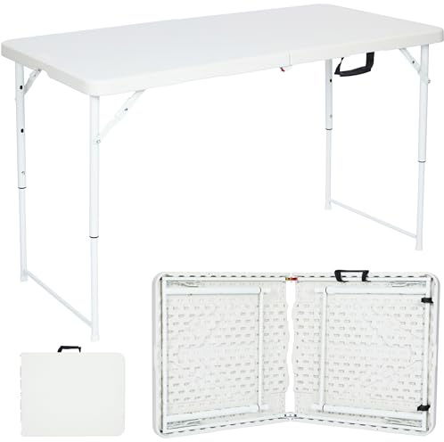 Nyxi 4ft Folding Table – White Top & Legs – Adjustable Height 56–74cm – Sturdy, Waterproof & Portable – 122Lx61Wcm for Camping, BBQs, Garden, Party Use – Heavy-Duty, Easy to Store