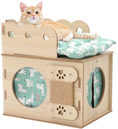 Wooden Cat House, Cat Nest, Cat Bed with 2 Soft Mat, Stackable, Easy to Clean and Assemble, Double Layered Villa, Climbing Combination for Pets