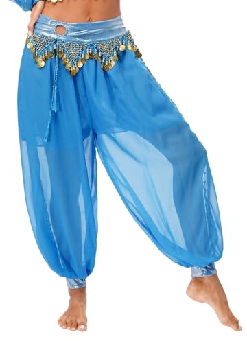 Bascabeen Women Belly Dance Costume Pants Side Split Sequin Shiny Harem Yoga Pants Arabic Halloween Trousers (02#skyblue, One Size)