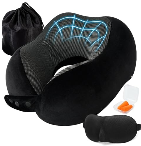 Wixovo Almohada Viaje Cuello Ergonómica para Avión y Coche, Cojin Cuello Viaje de Espuma Viscoelástica Suave y Transpirable, Almohada Avion Compacta y Ajustable, con Máscara de Ojos, Tapones y Bolsa