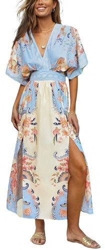 CUPSHE Vestido largo bohemio de verano para mujer, escote en V, media manga dolman, cintura con abertura lateral, vestido de playa para vacaciones