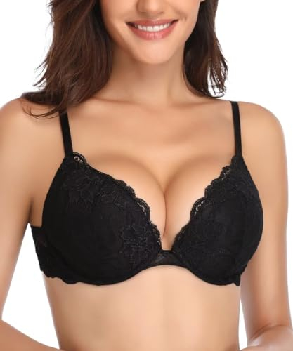 Deyllo Women's Push Up Lace Bra Sexy Deep V Lift Up Bra Underwire Padded Comfort Everyday Bra(Black,36B)