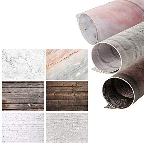 Selens 3 stycken 2-i-1 bakgrund marmor cement sten vägg och trämasering 56 x 88 cm Flat Lay bordsskiva fotografi dubbelsidig bakgrund för gourmetbloggare, smink, livsfoton