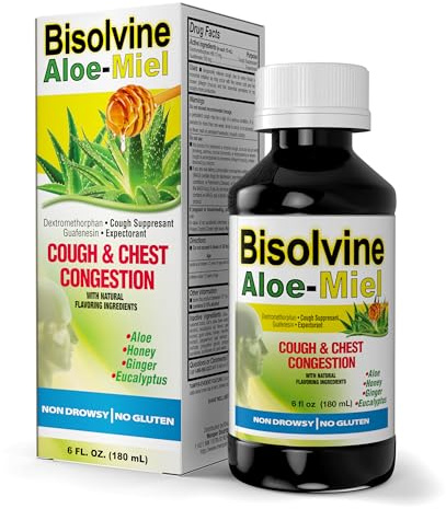Bisolvine Aloe-Miel Cough Syrup - Effective Cough Suppressant & Expectorant with Guaifenesin & Dextromethorphan for Throat Relief & Mucus Control - Cold & Cough Relief Solution, 6 fl oz, 1-Pack