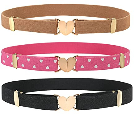 OVOGBEE Girls Elastic Belt 3 Pack - Adjustable Toddler Belt for School Uniform with Dual Sliders, Thickened Stretch Band & Heart Print Design, Easy Buckle for Ages 2-14 Black, Pink, Brown