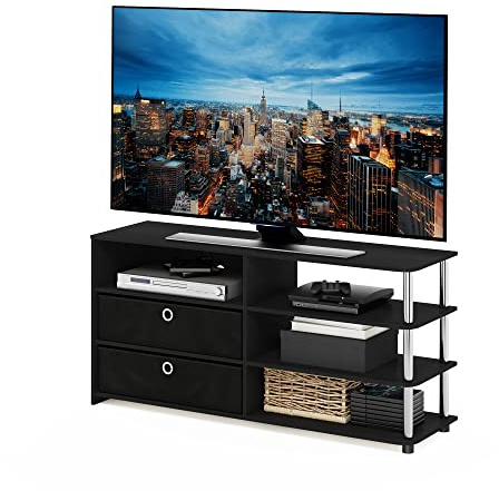 Furinno JAYA Simple Design TV Stand for up to 55-Inch with Bins, Americano, Stainless Steel Tubes