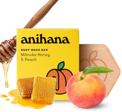 ANIHANA Body Wash Bar with Coconut Oil, Soap Free, Moisturizing, Gentle, Soft Skin Care, Refreshing Manuka Honey & Peach Scent 2.8 Oz
