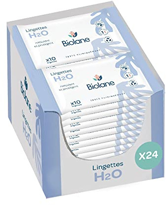 BIOLANE - Lingettes bebe H2O à l'eau - Pocket - Bébé - Lot de 24x10 (240 lingettes) - Peaux sensibles - Nettoie et protège, le visage et le siège - Fabriqué en France