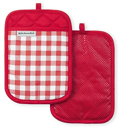 KitchenAid Gingham Pot Holder 2-Pack Set, Passion Red, 7x10
