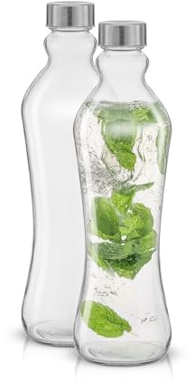JoyJolt Glass Water Bottles - 2pc Set, 32 oz/1 Liter, Clear Glass with Stainless Steel Lids, Leakproof, Ideal for Juicing or Iced Tea