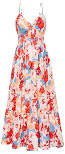 Grace Karin Vestido de Playa de Verano 2024 para Mujer, Floral, Cuello en V, Lazo Frontal, Tirantes Delgados, Vestido Largo Fluido, Vestido Largo Bohemio, Azul y Rojo Floral., M