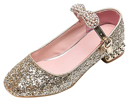 koperras Kleine/große Kinder Mädchen Sommer Geschlossene Zehen Pailletten Low Heel Prinzessin Schuhe Glänzende Mädchen Schuhe Tägliche Schuhe rutschfeste Baby Hausschuhe (Gold, 36 Big Kids)