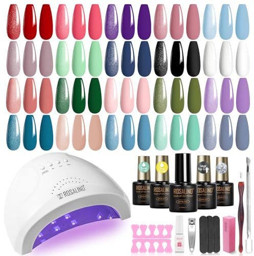ROSALIND Kit Uñas Semipermanentes, 48W Lampara uñas semipermanentes, 20+4 PCS Kit Pintauñas Gel Completo Lámpara UV Rojo Rosa Púrpura Azul Verde Esmaltes Permanentes Manucira