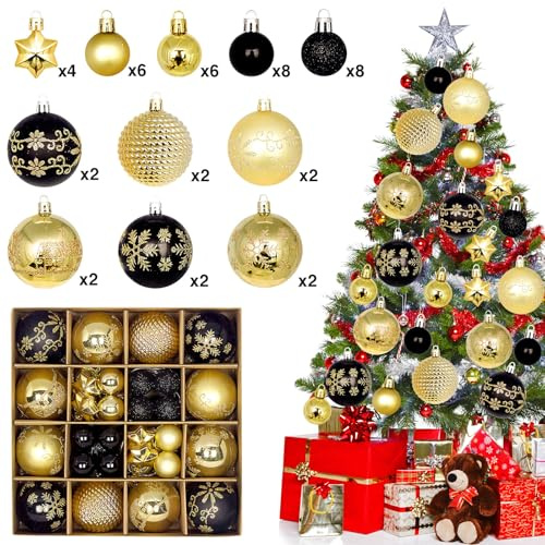 44 STK Weihnachtskugeln Kunststoff, Christbaumkugeln Weihnachtsbaumkugeln Set, Personalisierte Weihnachtskugeln Gold schwarz, Weihnachtsbaumschmuck Kugeln, Weihnachtsdeko Außen Innen