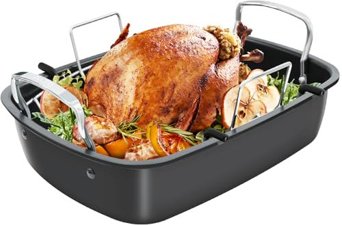 Slow Slog Roasting Pan, 17 Inch x 13 Inch Roaster with Removable Rack, Nonstick Roaster Pan for Roasting Turkey, Meat & Vegetables (Silver)