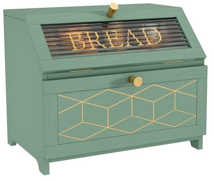 HOLTICO Double Layer Bread Box With Golden Trim for Countertop, Wooden Bread Container for Kitchen Counter, Corner Bread Storage (Green)