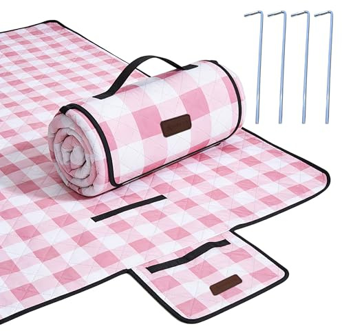 HX&OD Wasserdichte Picknick-Outdoor-Decke, 203,2 x 203,2 cm, faltbar, Gingham-Muster, für Strand, Camping, Gras, Park, Zubehör, niedliche Paarideen, Hochzeit (Rosa)