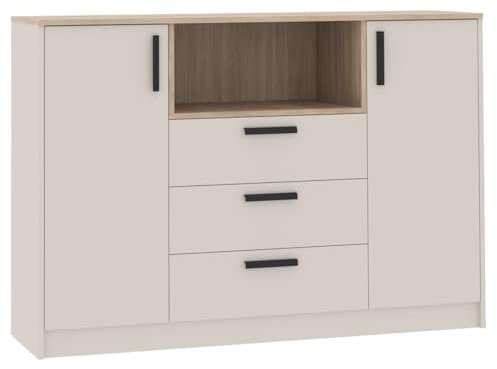 Marmex Grant 17 Kombikommode, zweitürige Kommode mit DREI Schubladen, Türen mit Soft-Close, geräumige Kommode für Schlafzimmer, Wohnzimmer, Flur, Cashmere