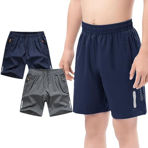 Jamron Garçons Lot de 2 Shorts de Sport Séchage Rapide Shorts de Running avec Poches Zippées et Bande Réfléchissante pour 12-13 Ans Gris + Bleu Marine