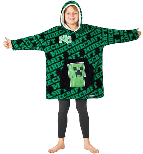 Minecraft Plaid Poncho à Capuche Oversize Garçon et Ado, Sweat Polaire Creeper, Couverture Douillette, Idée Cadeau Gamer (Vert/Noir)