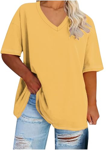 Haut grande taille pour femme - T-shirt d'été tendance à manches courtes et col en V - Coupe ample - Confortable et respirant, A002 Jaune, L