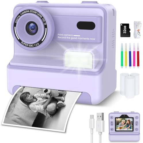 Sofortbildkamera, Kinderkamera mit 32GB Karte & 3 Rollen Druckpapier, Sofortbildkamera Kinder mit Farbigen Stiften & Lustige Accessoires, Geschenke für Jungen & Mädchen von 3-12 Jahren(Lila)