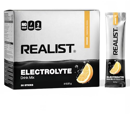 REALIST® Elektrolyte Ohne Zucker [30 STICKS] Electrolytes Sugar Free - Elektrolyt Pulver Sport & KETO - 1000 mg Natrium, 330 mg Kalium, 60 mg Magnesium - Fast Hydration, Made In Austria (Salty Orange)