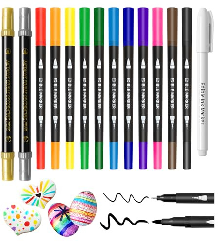 Edible Markers – 14Pcs Gold & Silver Metallic Food Coloring Pens, Double Sided Edible Pens with Fine & Thick Tips for Cookie Decorating, Fondant, Desserts & Easter Eggs