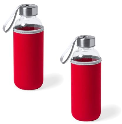 Genérico Juego de 2 Botellas de Agua de Cristal de 420ml con Funda de Neopreno y Tapa de Seguridad, Botellas Reutilizables de Bebidas para Deporte, Oficina y Viajes (Rojo)