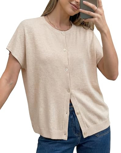 Arach&Cloz Cardigans for Women UK Oversized Short Sleeve Cardigan Wool Blend Lightweight Tops with Buttons
