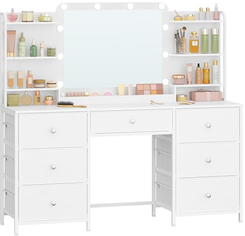 Hzuaneri Sminkbord med LED-belysning, sminkbord med stora HD-speglar, 7 lådor och 6 förvaringsfack, sovrum toalettbord, modernt vitt DT43803XEU