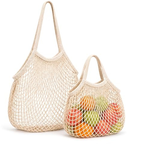 Horktrust 2 Bolsas de Red Reutilizables, Bolsas de Malla Algodón-Poliéster Beige, Bolsa de Compra Plegable con Asas Largas y Cortas, para Frutas Verduras Pan Playa Mercado