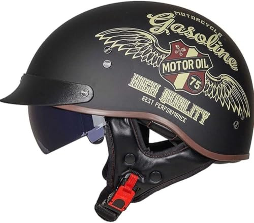 KKVGP Vintage motorcykelhalvhjälm i tysk stil ECEDOT-certifierad - Ultralätt ABS-skal med solskydd, andningsbar, avtagbar stoppning, snabbspänne for förare av cruiserskoter