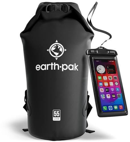 Earth Pak -Waterproof Dry Bag - Roll Top Dry Sack Keeps Gear Dry for Boating, Hiking, Camping and Fishing with Waterproof Phone Case (Black, 55L)