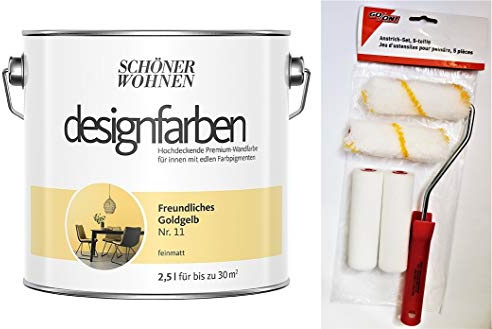 Schöner Wohnen designfarben feinmatte Wandfarbe für innen 2,5 Liter mit go/on Rollen-Set 5-tlg (Nr 11 Freundliches Goldgelb)
