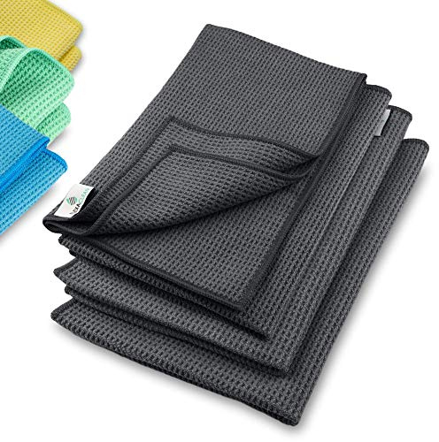 ELEXACLEAN mikrofiber torkduk, premium våffelduk (4 st, 60x40 cm, antracit) supermjuk kvalitet för bil, glas, kök, porslin och bad