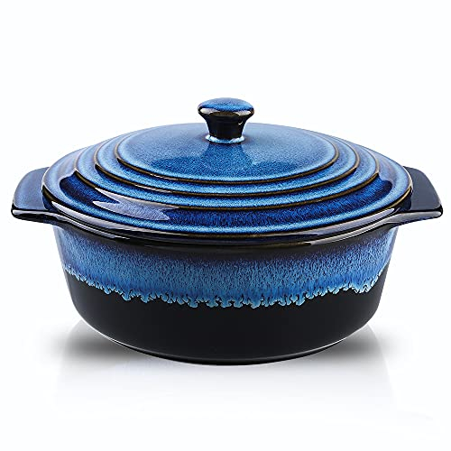 KOOV Keramik-Auflaufform mit Deckel, 2 Quart, 22,9 cm, runde Auflaufform, ofenfest, reaktive Glasur