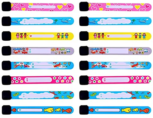 JZK 16 pulseras de identificación de seguridad para niños, reutilizables e impermeables, bandas de identificación para niños, niñas y bebés