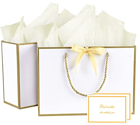 BBLIKE Geschenktüten 2 Stück Papiertüten mit Schleifenbändern + 2 Grußkarten + 4 Taschentüchern, Geschenktaschen mit Henkel Partytüten Bodenbeutel Kreuzbodenbeutel für Geburtstag Hochzeit Feier Party