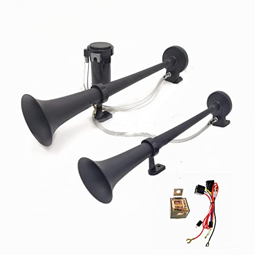 YIYIDA Clacson per auto Corno d'aria per auto 24V Car Horn Tromba a doppio tubo in zinco cromato nero 170db Corno del camion Tono alto e basso con pompa ad aria per Air Horn 24V automobile moto ecc